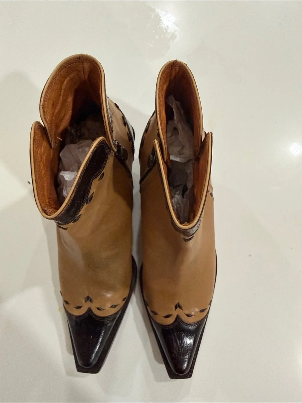 Donald J. Pliner Two-Tone Tan and Black Pointed Ankle Booties